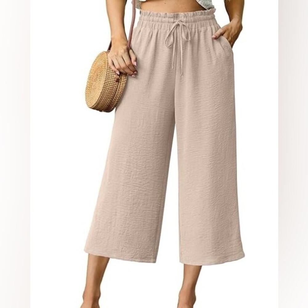 Iffei Linen Blend Cropped Pants Wide Leg Tan Small